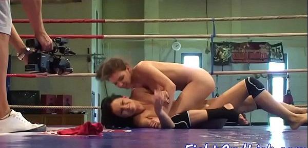  Wrestling lesbian toyed in a boxing ring